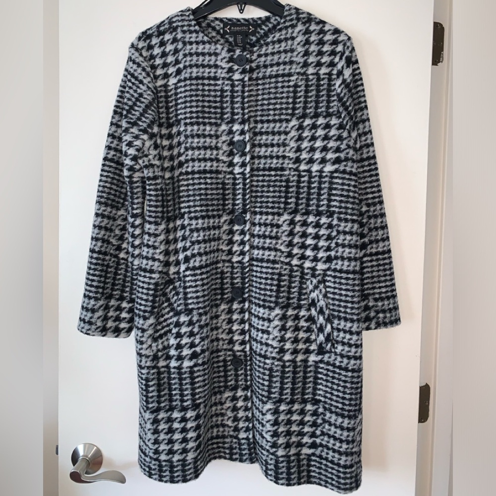 Nanette Lepore Women Houndstooth Mid-Length Coat Wool Blend White Black Jacket M